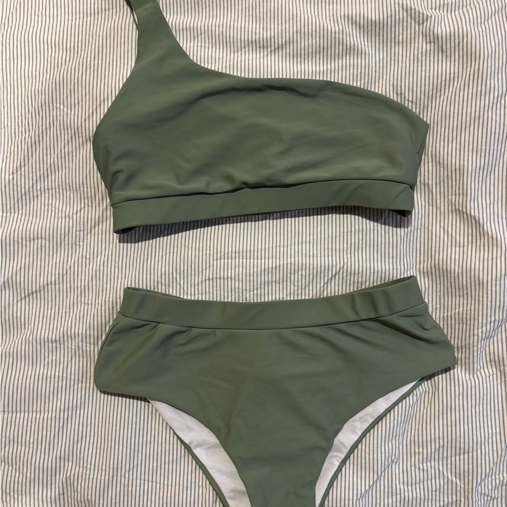 Minimalist olive one-shoulder high waisted bikini set